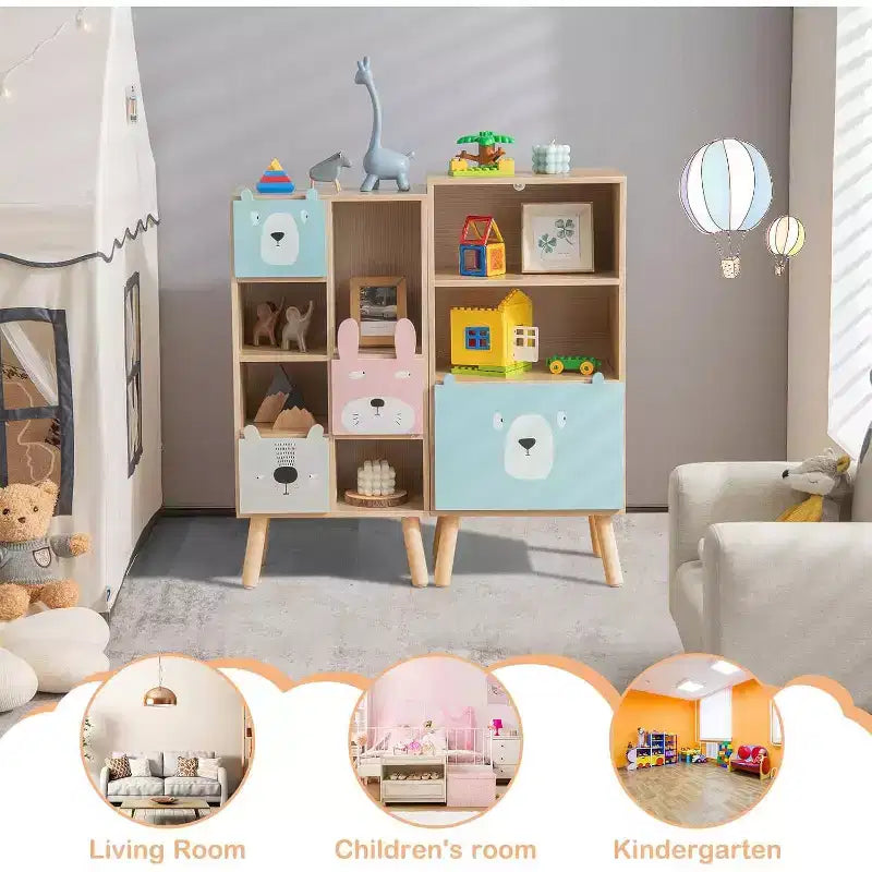 Libreria per bambini con cassetti organizer per giocattoli, mobiletto portaoggetti per bambini con 3 cassetti scorrevoli e 4 cubi, scaffale in legno per la classe dei più piccoli