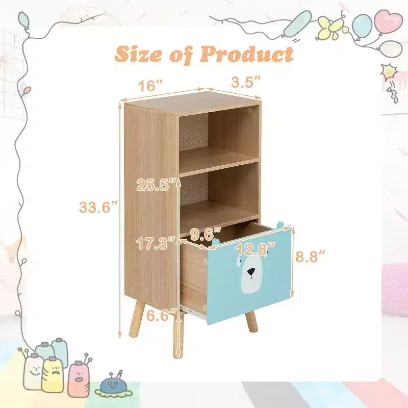 Libreria per bambini con cassetti organizer per giocattoli, mobiletto portaoggetti per bambini con 3 cassetti scorrevoli e 4 cubi, scaffale in legno per la classe dei più piccoli