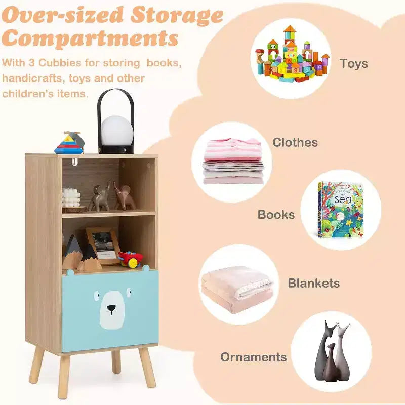 Libreria per bambini con cassetti organizer per giocattoli, mobiletto portaoggetti per bambini con 3 cassetti scorrevoli e 4 cubi, scaffale in legno per la classe dei più piccoli