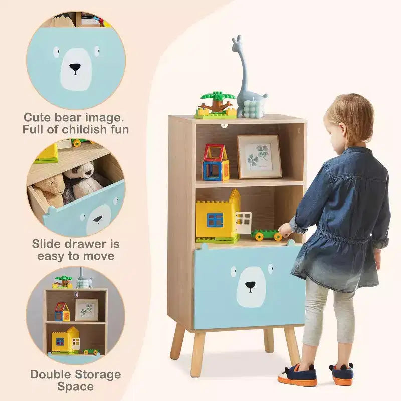 Libreria per bambini con cassetti organizer per giocattoli, mobiletto portaoggetti per bambini con 3 cassetti scorrevoli e 4 cubi, scaffale in legno per la classe dei più piccoli