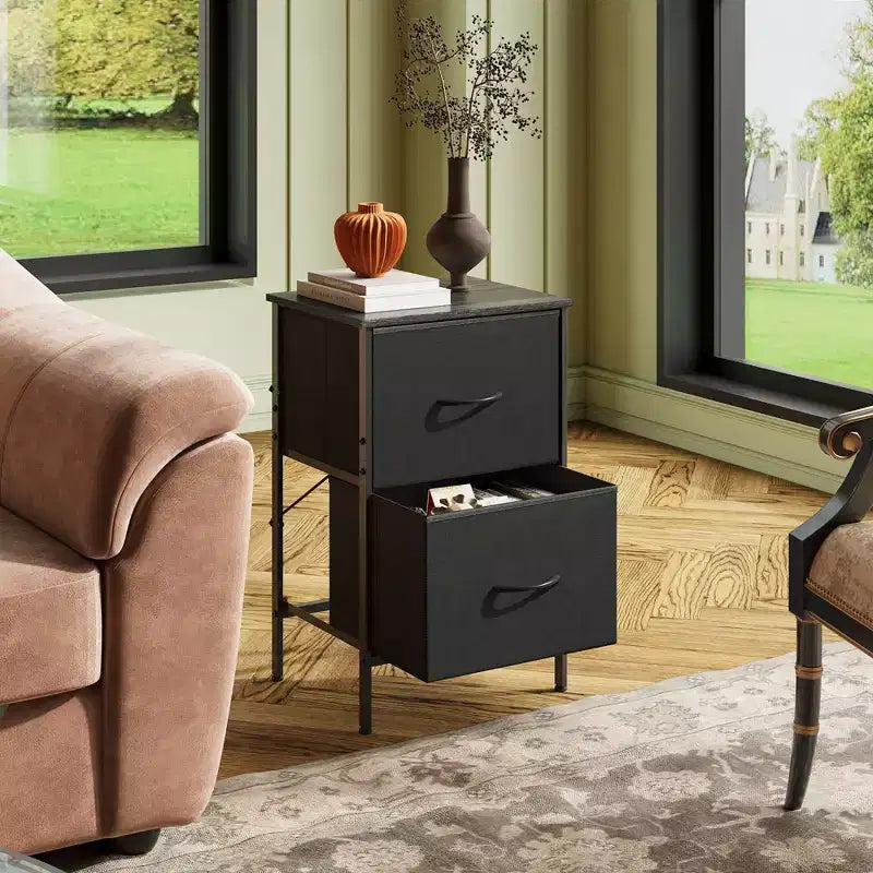 Comodino con 2 cassetti, mobile per camera da letto, dormitorio universitario, tavolino con contenitori in tessuto, dormitorio