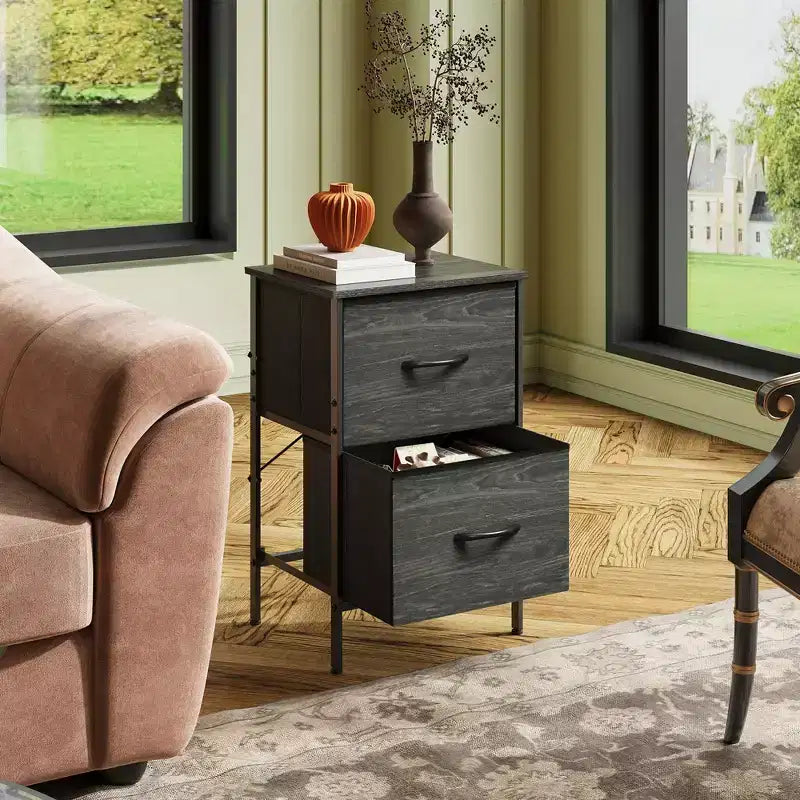 Comodino con 2 cassetti, mobile per camera da letto, dormitorio universitario, tavolino con contenitori in tessuto, dormitorio