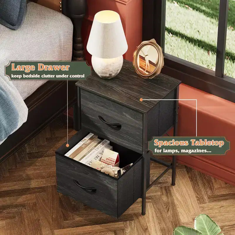 Comodino con 2 cassetti, mobile per camera da letto, dormitorio universitario, tavolino con contenitori in tessuto, dormitorio