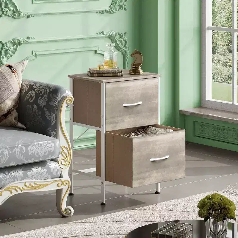 Comodino con 2 cassetti, mobile per camera da letto, dormitorio universitario, tavolino con contenitori in tessuto, dormitorio