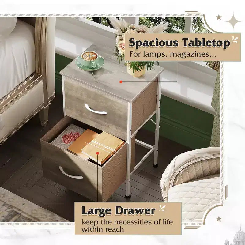 Comodino con 2 cassetti, mobile per camera da letto, dormitorio universitario, tavolino con contenitori in tessuto, dormitorio