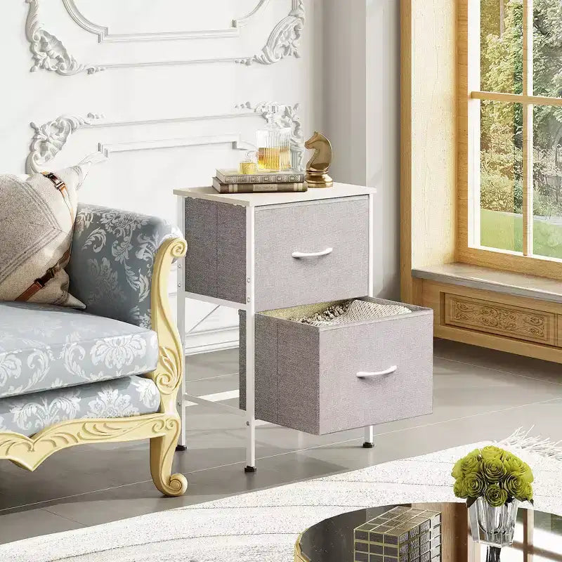Comodino con 2 cassetti, mobile per camera da letto, dormitorio universitario, tavolino con contenitori in tessuto, dormitorio