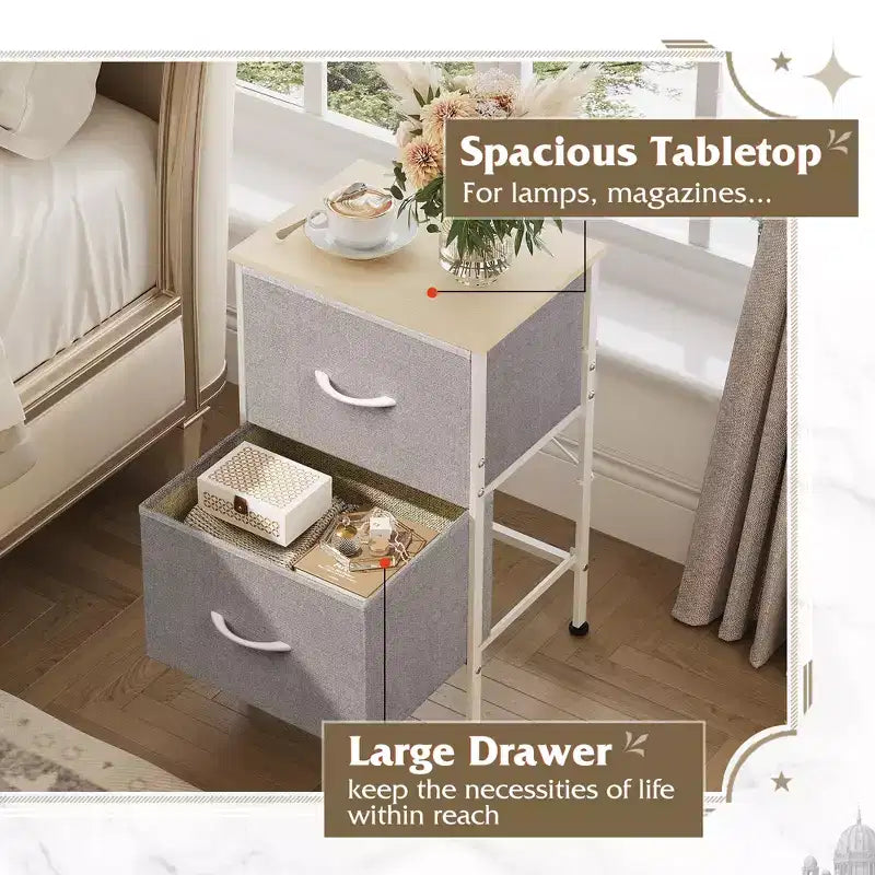 Comodino con 2 cassetti, mobile per camera da letto, dormitorio universitario, tavolino con contenitori in tessuto, dormitorio