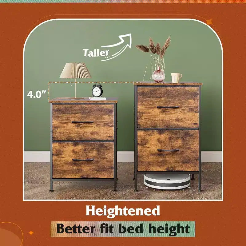Comodino con 2 cassetti, mobile per camera da letto, dormitorio universitario, tavolino con contenitori in tessuto, dormitorio