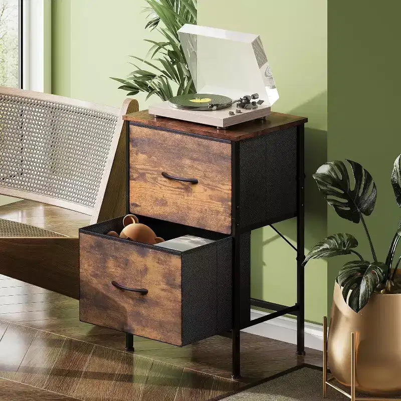 Comodino con 2 cassetti, mobile per camera da letto, dormitorio universitario, tavolino con contenitori in tessuto, dormitorio