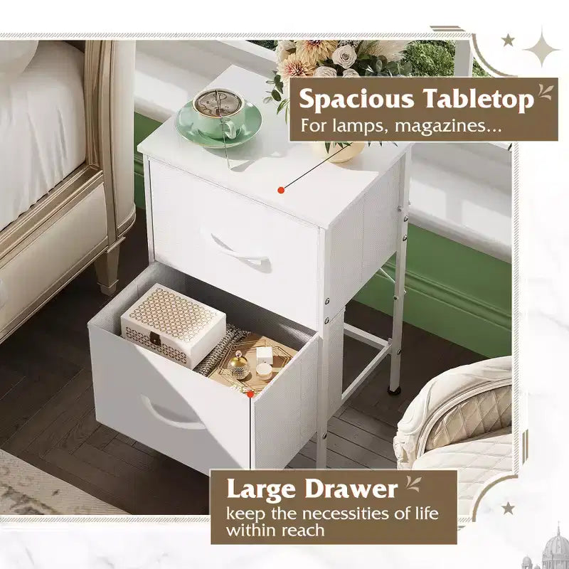 Comodino con 2 cassetti, mobile per camera da letto, dormitorio universitario, tavolino con contenitori in tessuto, dormitorio