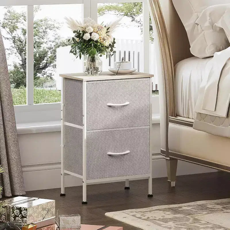 Comodino con 2 cassetti, mobile per camera da letto, dormitorio universitario, tavolino con contenitori in tessuto, dormitorio