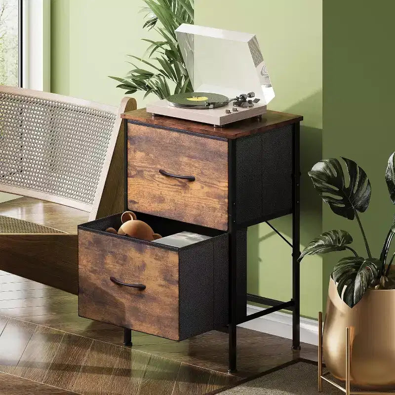 Comodino con 2 cassetti, mobile per camera da letto, dormitorio universitario, tavolino con contenitori in tessuto, dormitorio