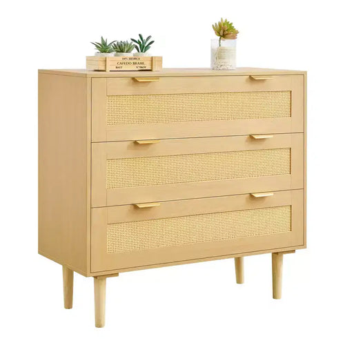 3-Drawer Rattan Dresser with Wooden Legs Natural Wood Bedroom Storage