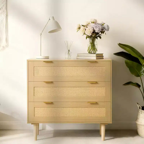 Cassettiera in Rattan a 3 Cassetti con Gambe in Legno, Contenitore per Camera da Letto in Legno Naturale