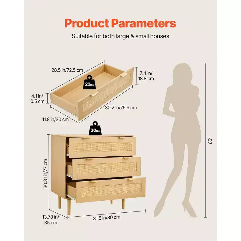 Cassettiera in Rattan a 3 Cassetti con Gambe in Legno, Contenitore per Camera da Letto in Legno Naturale
