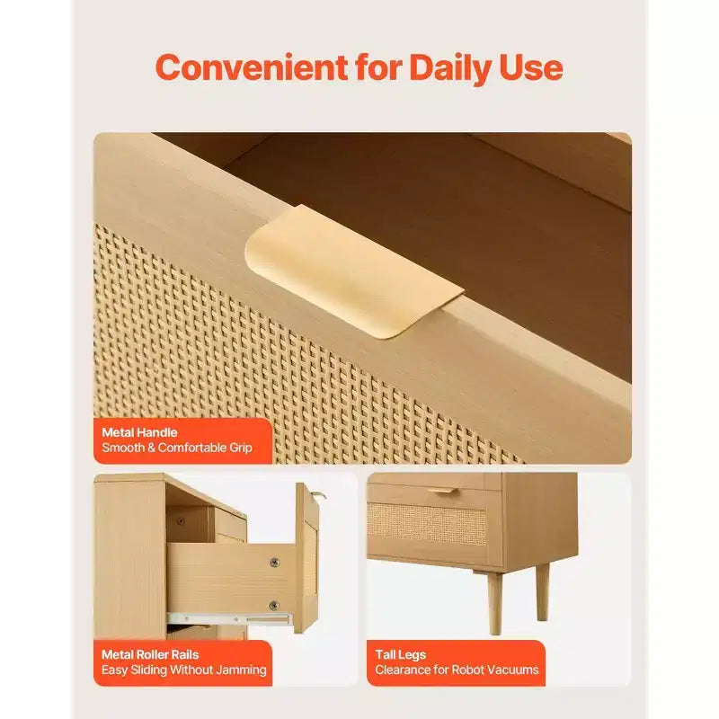 Cassettiera in Rattan a 3 Cassetti con Gambe in Legno, Contenitore per Camera da Letto in Legno Naturale
