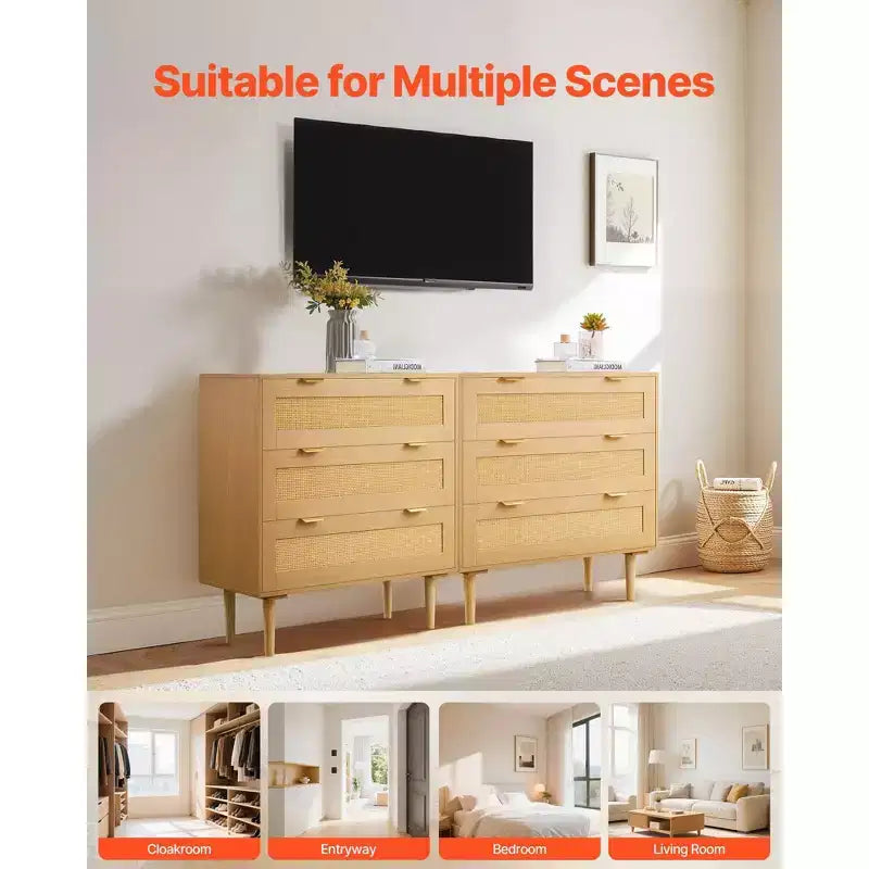 Cassettiera in Rattan a 3 Cassetti con Gambe in Legno, Contenitore per Camera da Letto in Legno Naturale