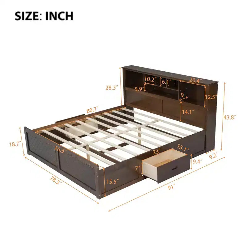Letto a piattaforma King Size in legno con testiera multi-storage, USB e cassetti