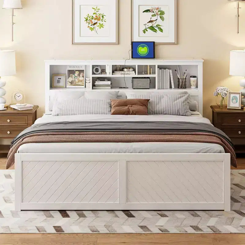 Letto a piattaforma King Size in legno con testiera multi-storage, USB e cassetti