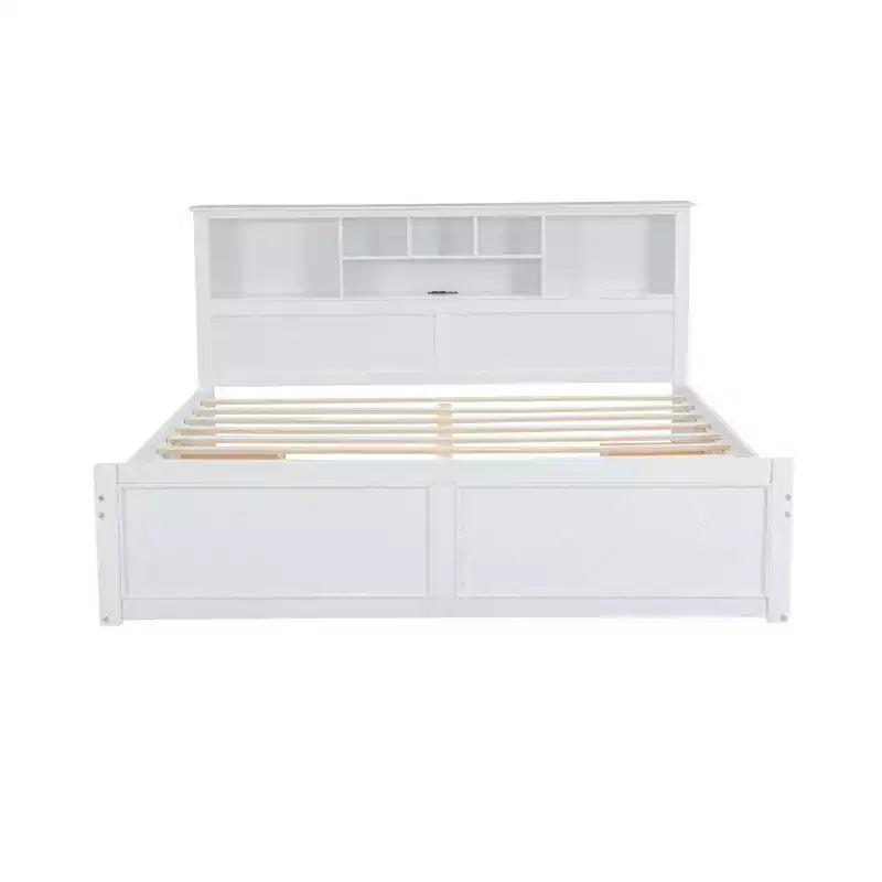 Letto a piattaforma King Size in legno con testiera multi-storage, USB e cassetti