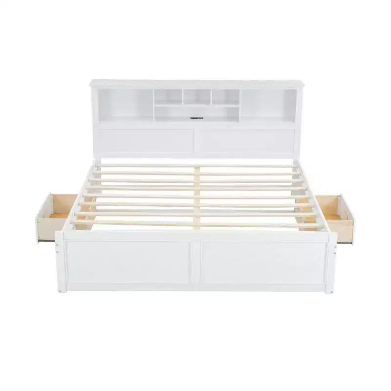Letto a piattaforma King Size in legno con testiera multi-storage, USB e cassetti