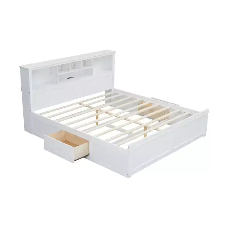 Letto a piattaforma King Size in legno con testiera multi-storage, USB e cassetti