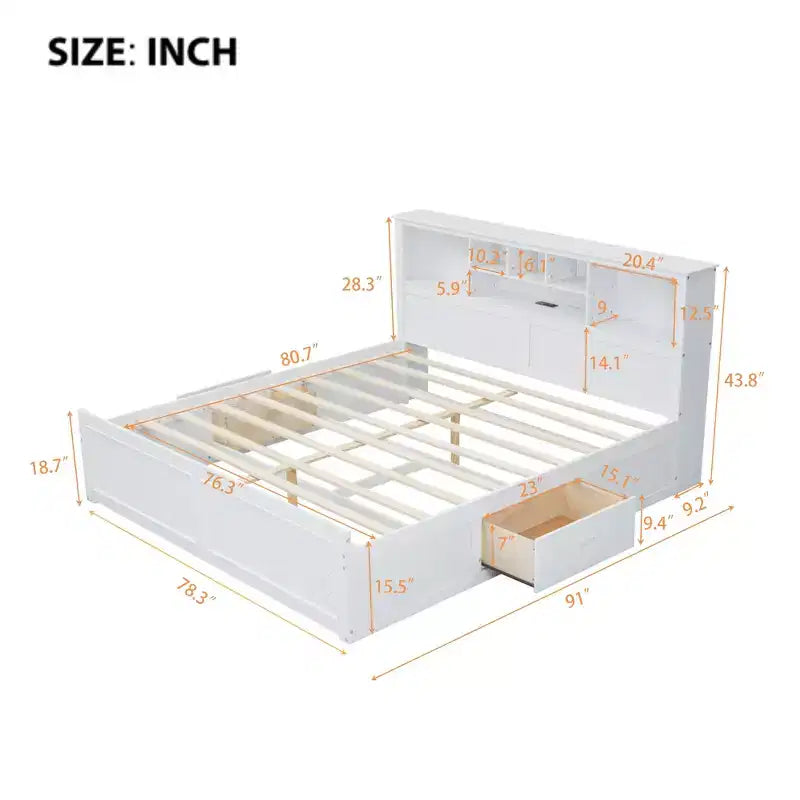 Letto a piattaforma King Size in legno con testiera multi-storage, USB e cassetti