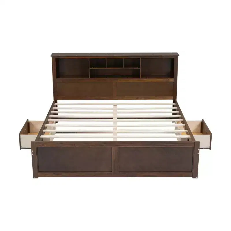 Letto a piattaforma King Size in legno con testiera multi-storage, USB e cassetti
