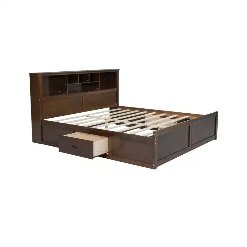 Letto a piattaforma King Size in legno con testiera multi-storage, USB e cassetti