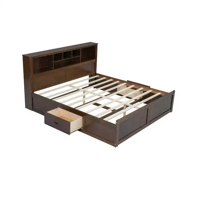 Letto a piattaforma King Size in legno con testiera multi-storage, USB e cassetti