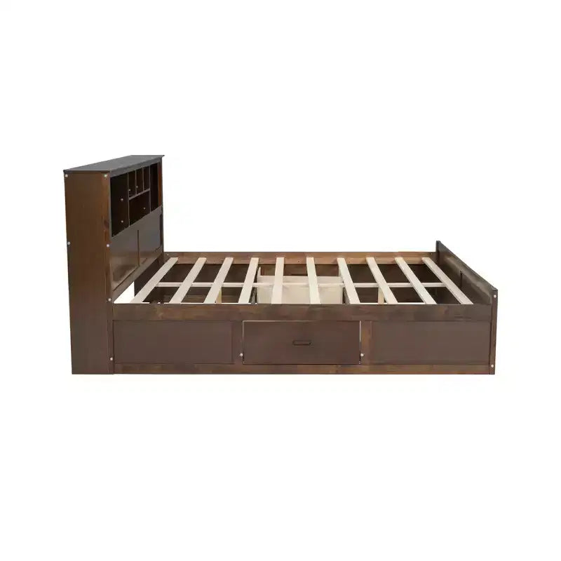 Letto a piattaforma King Size in legno con testiera multi-storage, USB e cassetti