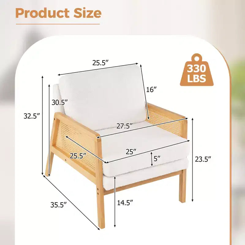 Poltrona di design Mid-Century Modern per soggiorno, con braccioli in rattan e struttura in legno, marrone/naturale