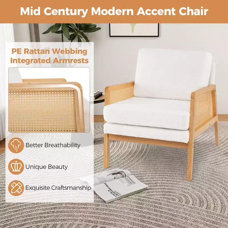 Poltrona di design Mid-Century Modern per soggiorno, con braccioli in rattan e struttura in legno, marrone/naturale