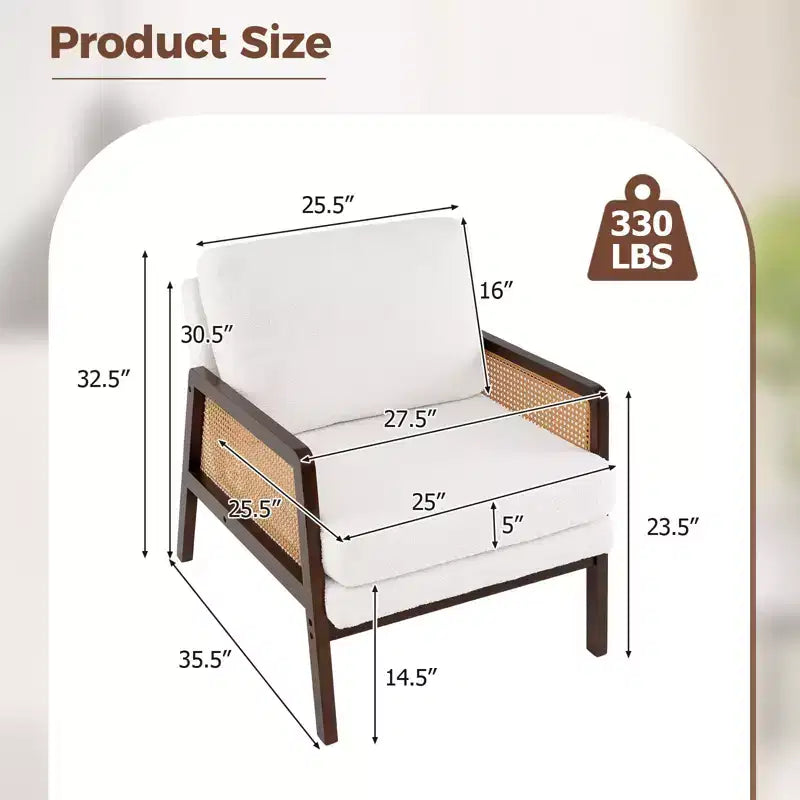 Poltrona di design Mid-Century Modern per soggiorno, con braccioli in rattan e struttura in legno, marrone/naturale