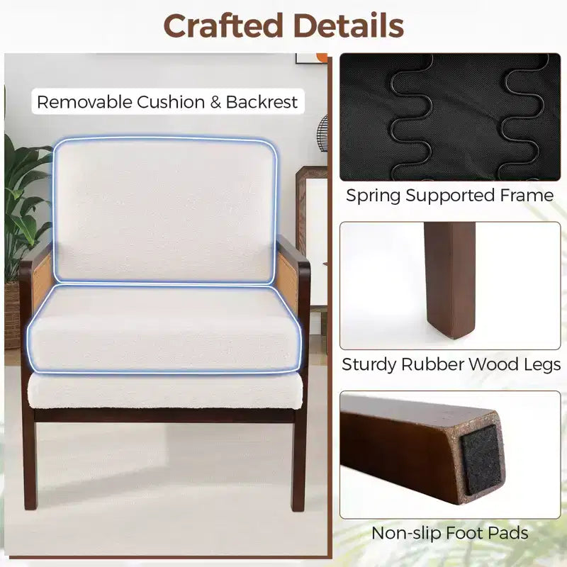 Poltrona di design Mid-Century Modern per soggiorno, con braccioli in rattan e struttura in legno, marrone/naturale