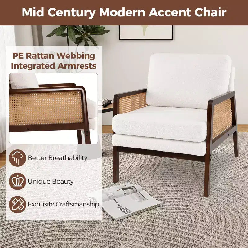 Poltrona di design Mid-Century Modern per soggiorno, con braccioli in rattan e struttura in legno, marrone/naturale