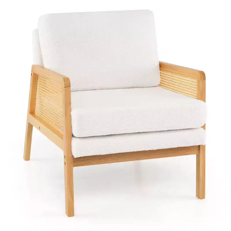 Poltrona di design Mid-Century Modern per soggiorno, con braccioli in rattan e struttura in legno, marrone/naturale