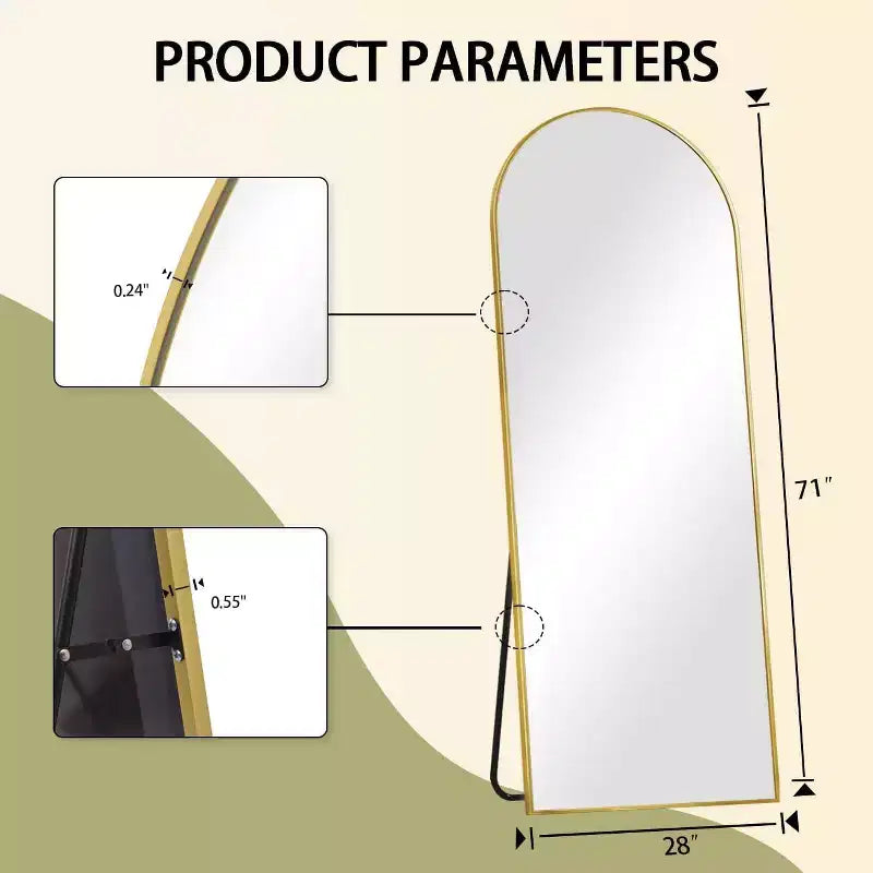 Specchio a figura intera 71x26, specchio a corpo intero con parte superiore ad arco da appendere o da appoggiare, con supporto, per camera da letto, spogliatoio