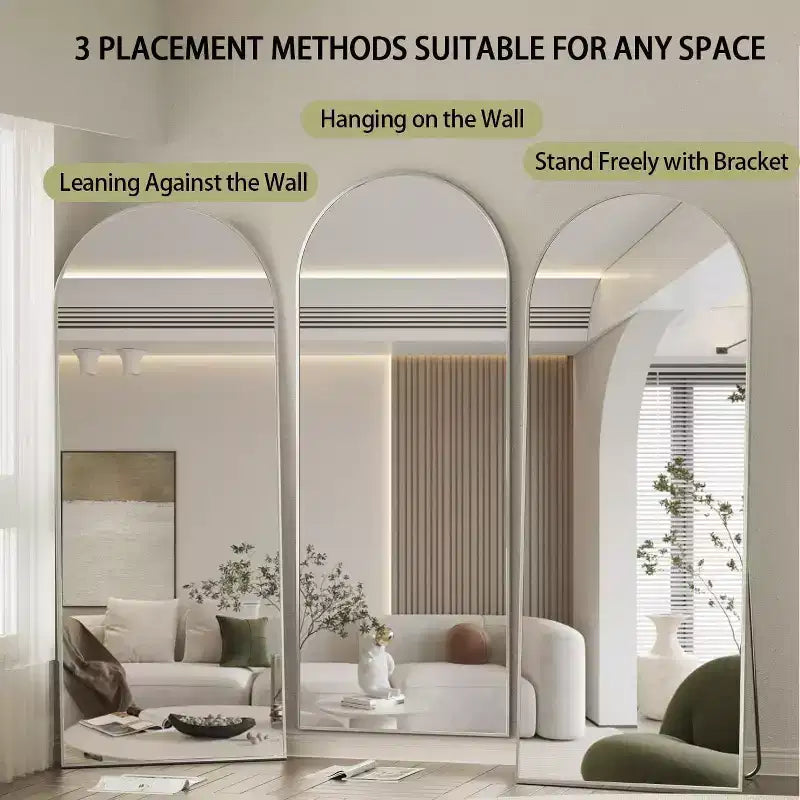 Specchio a figura intera 71x26, specchio a corpo intero con parte superiore ad arco da appendere o da appoggiare, con supporto, per camera da letto, spogliatoio