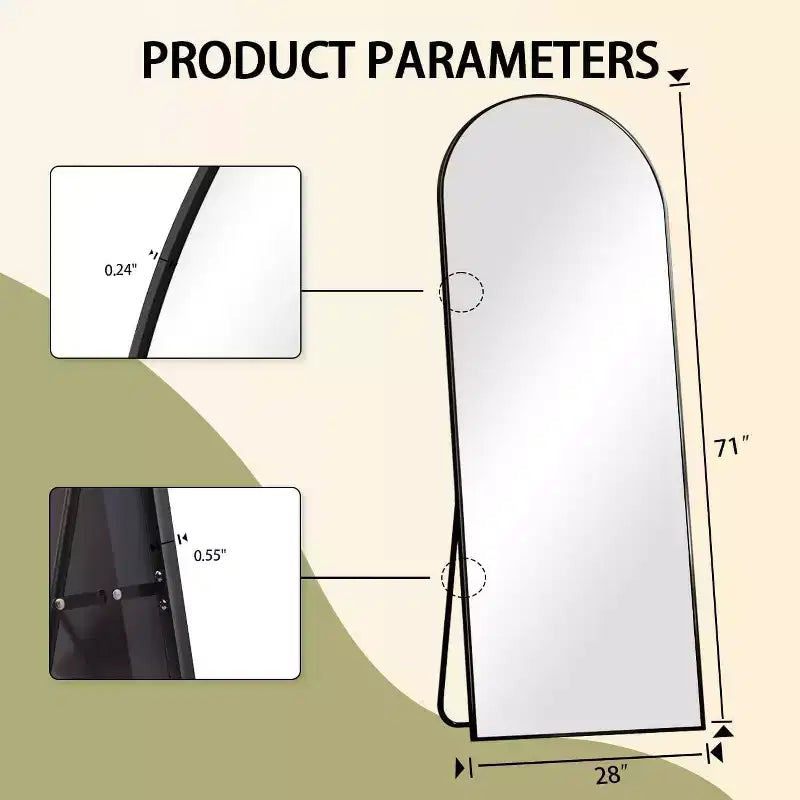 Specchio a figura intera 71x26, specchio a corpo intero con parte superiore ad arco da appendere o da appoggiare, con supporto, per camera da letto, spogliatoio