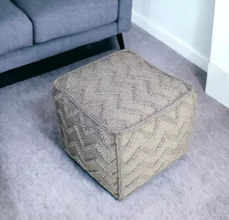 18 Pouf Ottomano in Misto Lana Grigia e Cotone con Motivo a Chevron