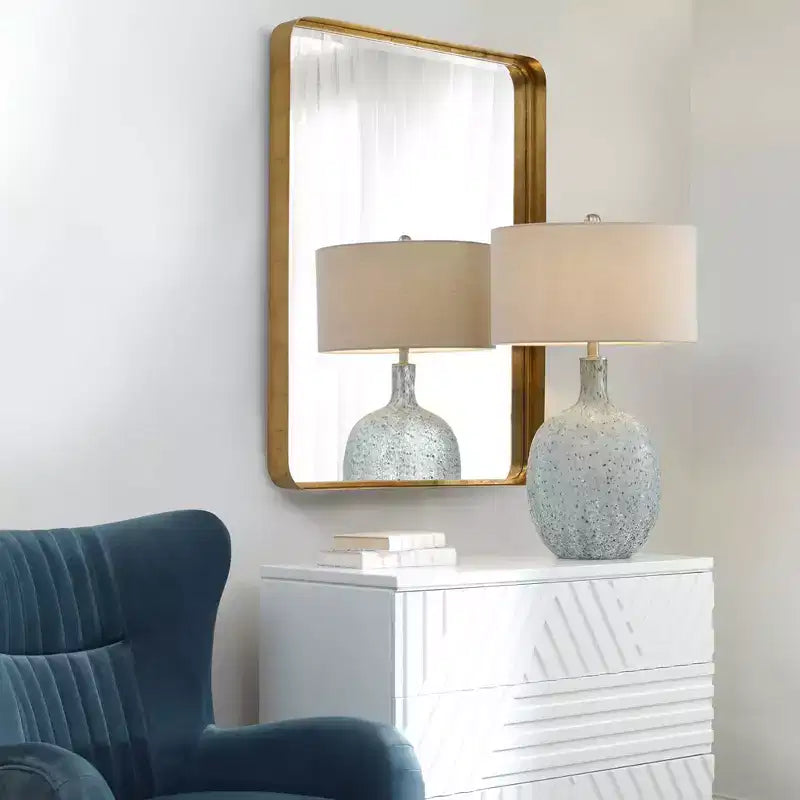 Specchio Decorativo Rettangolare da Parete da Bagno Camera da Letto Soggiorno Moderno Bisellato con Cornice in Ferro Anticato Oro 30 Pollici di Larghezza