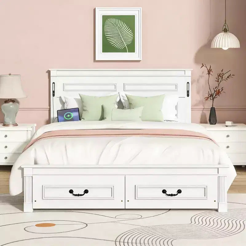 Letto moderno in legno Luxystar con testiera alta, pediera, 2 cassetti portaoggetti e luci