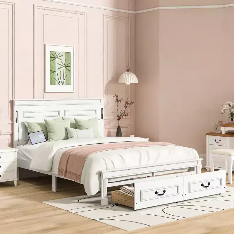 Letto moderno in legno Luxystar con testiera alta, pediera, 2 cassetti portaoggetti e luci