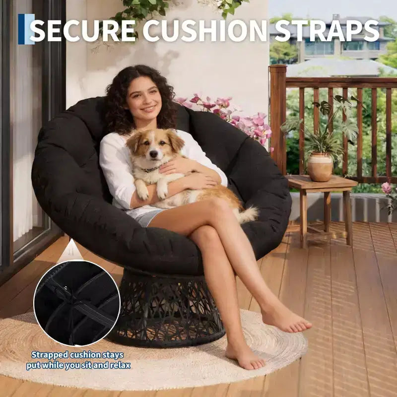 Sedia a dondolo oversize per patio, in rattan intrecciato a mano, sedia ergonomica in vimini, telaio in acciaio resistente, base girevole a 360°, per soggiorno, camera da letto