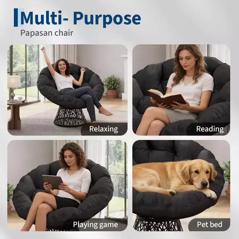 Sedia a dondolo oversize per patio, in rattan intrecciato a mano, sedia ergonomica in vimini, telaio in acciaio resistente, base girevole a 360°, per soggiorno, camera da letto
