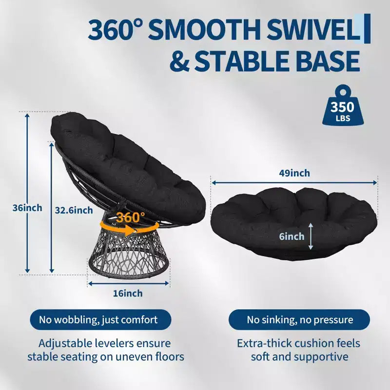 Sedia a dondolo oversize per patio, in rattan intrecciato a mano, sedia ergonomica in vimini, telaio in acciaio resistente, base girevole a 360°, per soggiorno, camera da letto