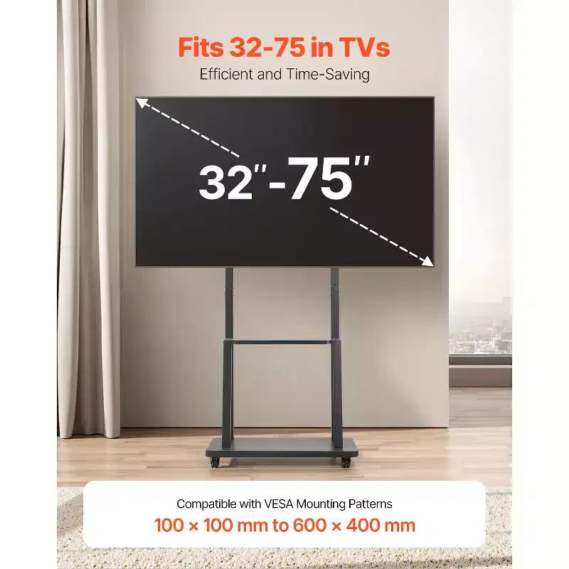 Supporto TV Rotante, Carrello TV Mobile per Schermi da 32-75 Pollici, Supporto Monitor Portatile Regolabile in Altezza con Vassoio, Capacità di Carico Fino a 68 kg, Nero