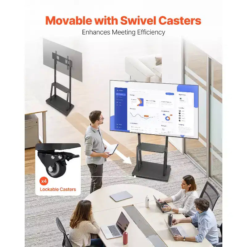 Supporto TV Rotante, Carrello TV Mobile per Schermi da 32-75 Pollici, Supporto Monitor Portatile Regolabile in Altezza con Vassoio, Capacità di Carico Fino a 68 kg, Nero