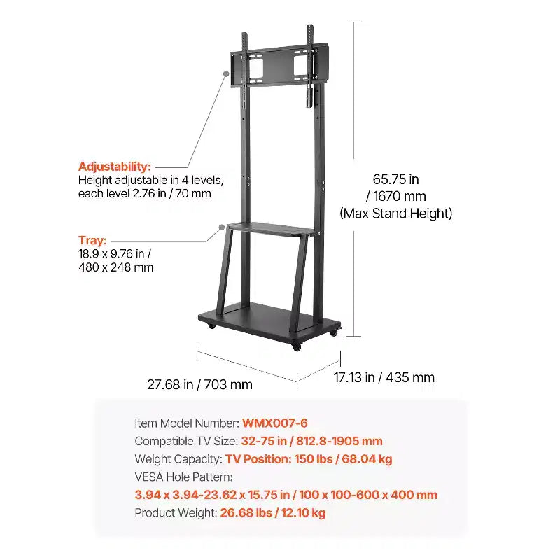 Supporto TV Rotante, Carrello TV Mobile per Schermi da 32-75 Pollici, Supporto Monitor Portatile Regolabile in Altezza con Vassoio, Capacità di Carico Fino a 68 kg, Nero